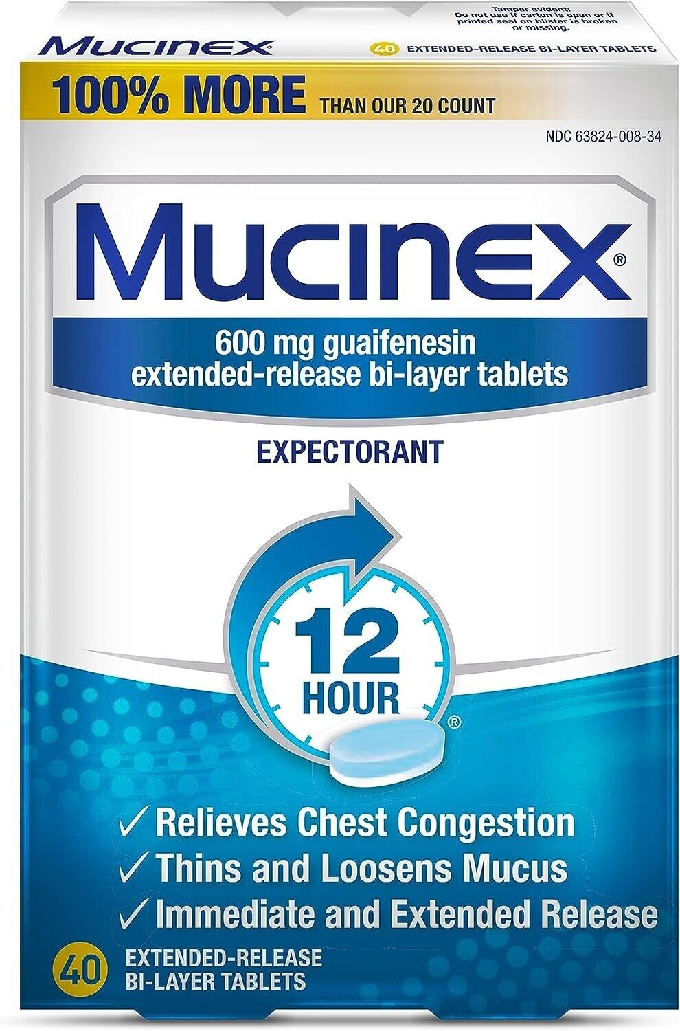 Mucinex Guaifenesin 600mg Expectorant Chest Congestion Loosens Mucus 40 Tablets