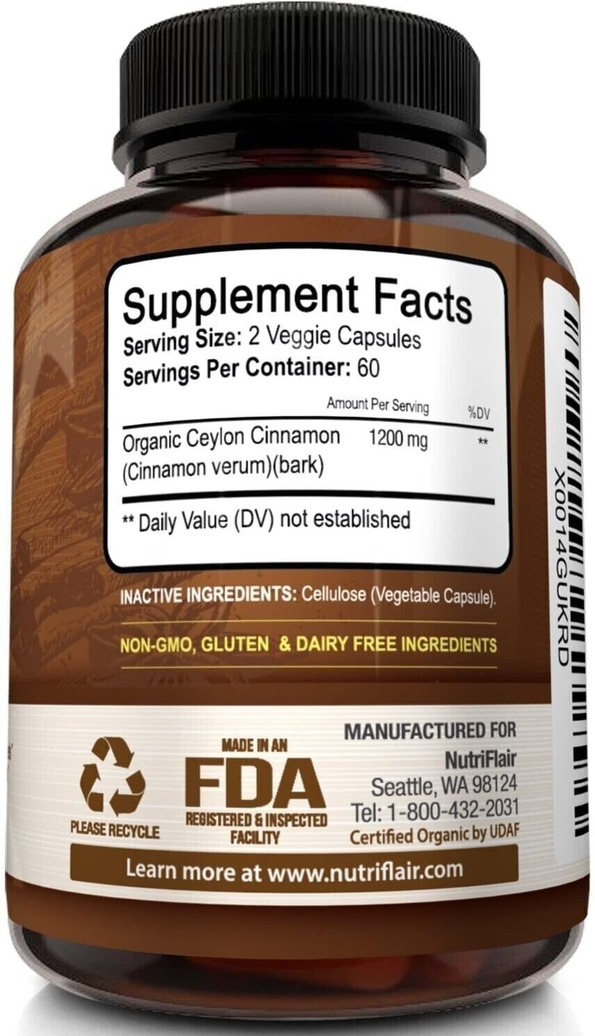 NutriFlair ORGANIC CEYLON CINNAMON 1200mg 120 Caps DOUBLE STRENGTH USA MADE!