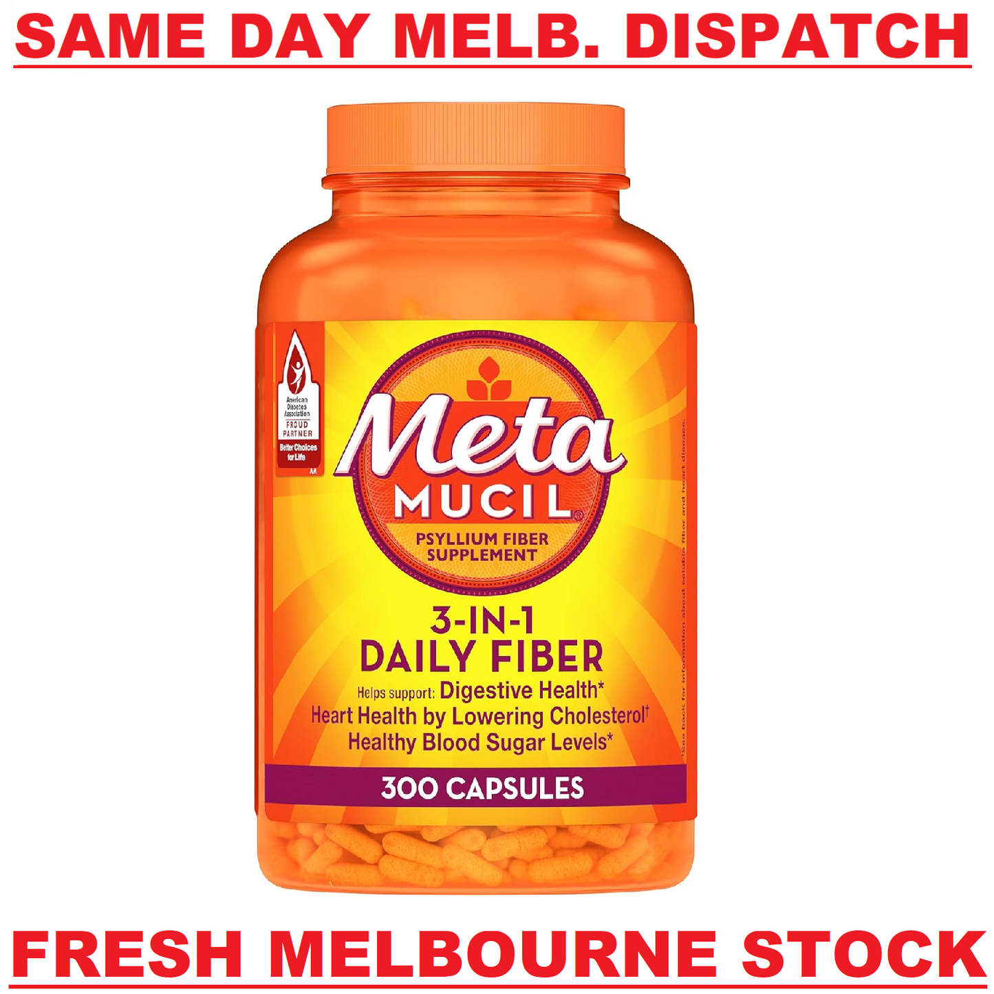Metamucil Fibrecaps 3-In-1 Daily Fibre Supplement Digestive Health 300 Capsules