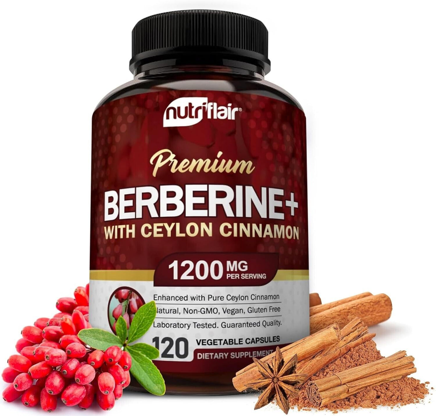 NUTRIFLAIR PREMIUM BERBERINE HCL 1200mg 120 Caps with ORGANIC Ceylon Cinnamon