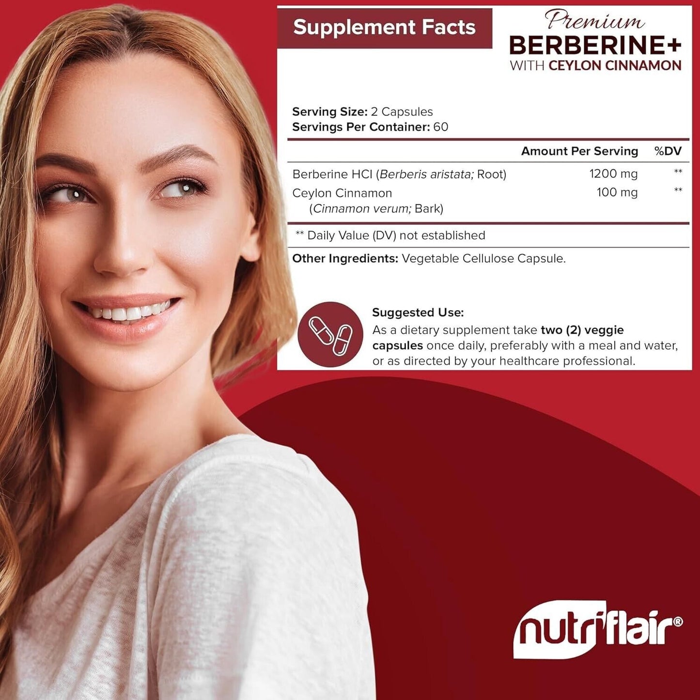 NUTRIFLAIR PREMIUM BERBERINE HCL 1200mg 120 Caps with ORGANIC Ceylon Cinnamon
