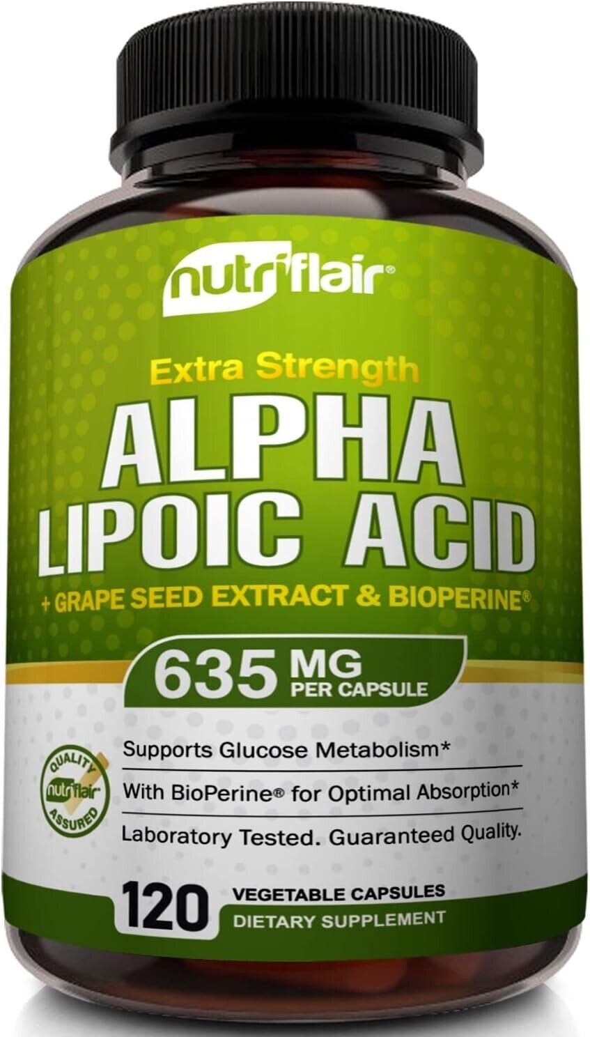 NUTRIFLAIR Alpha Lipoic Acid 635mg + Grape Seed Extract & Bioprene 120 Capsules