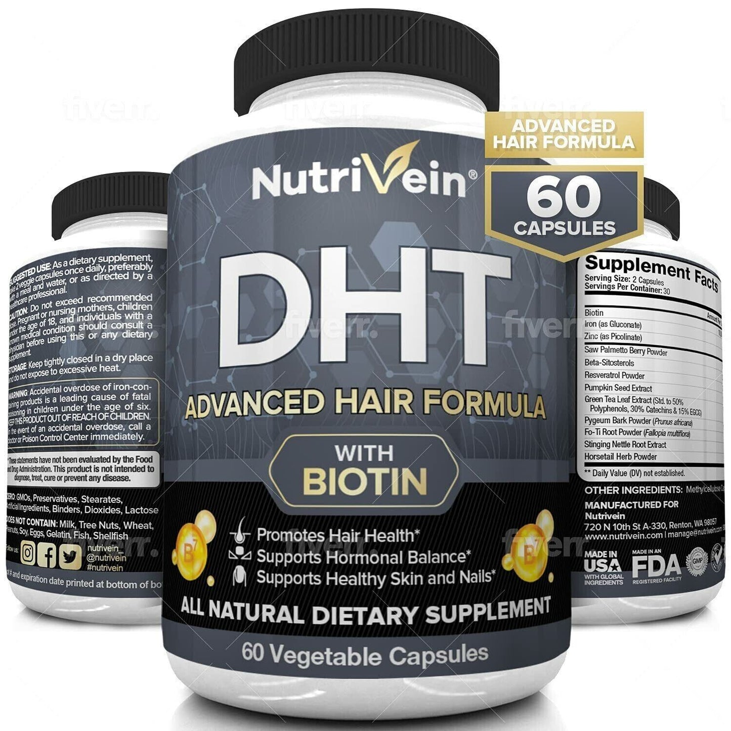 NUTRIVEIN DHT BLOCKER + BIOTIN Advanced Hair Growth 60 Caps - FREE EXPRESS POST!