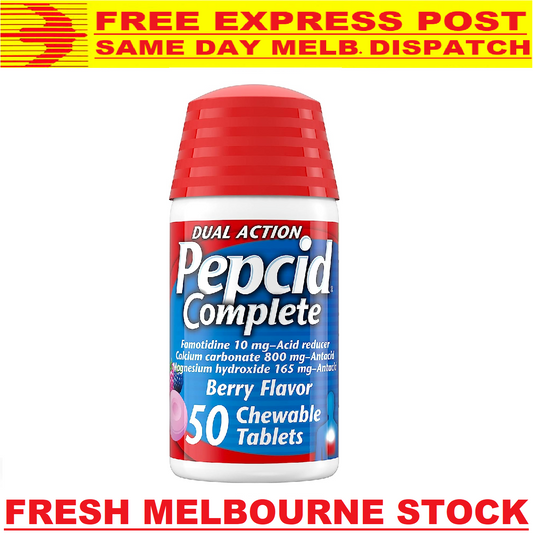 PEPCID Complete Famotidine 10mg Acid Reducer + Antacid 50 Chewable Tablets Berry