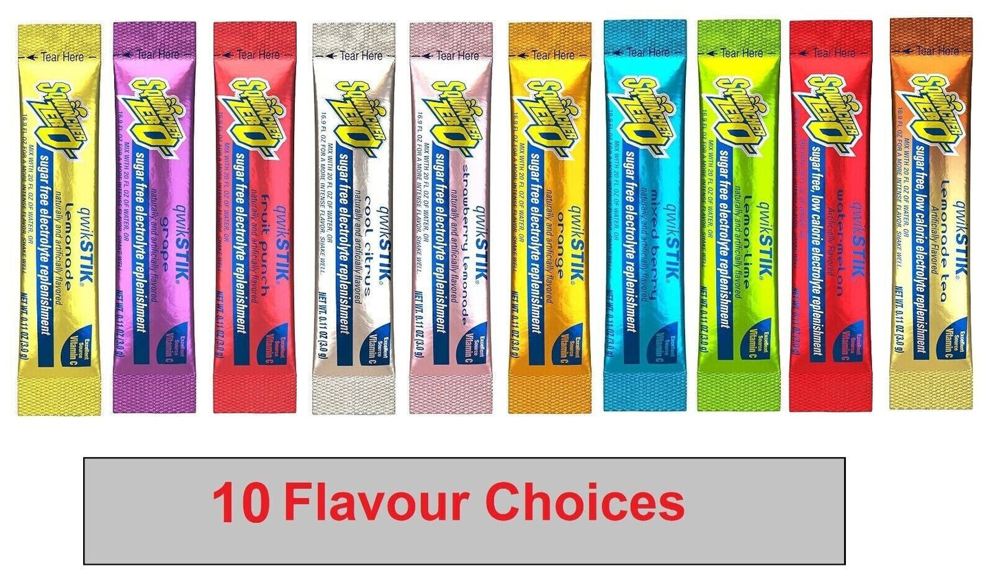 Sqwincher Zero Qwik Stik Electrolyte Drink- Sugar Free- 50 Servings -10 Flavours