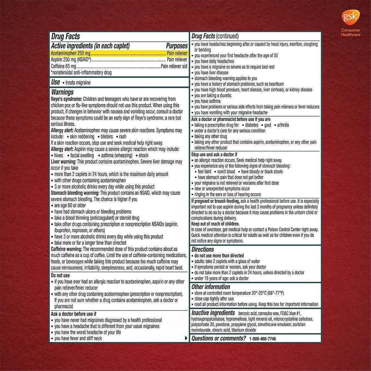 Excedrin Migraine Coated Caplets 300 Caps Headache Pain Relief