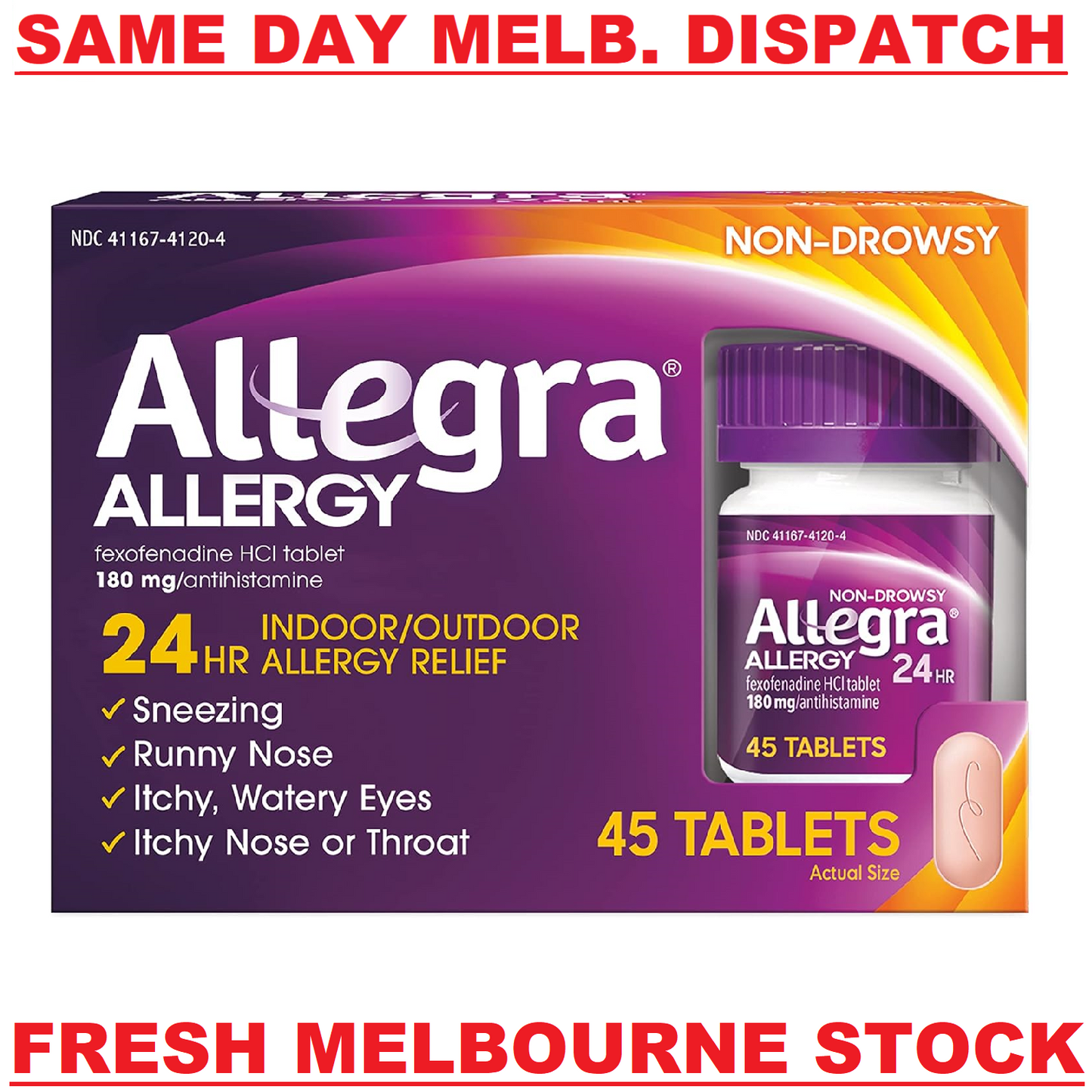 ALLEGRA ALLERGY FEXOFENADINE 180MG (SAME AS TELFAST 180MG) 45 TABLETS EXP. 01/25