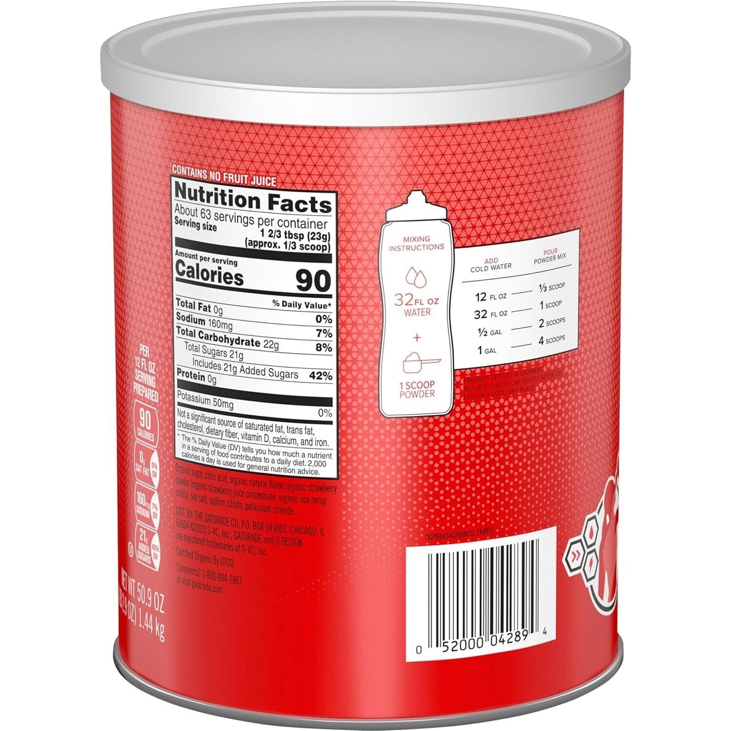 Gatorade ORGANIC Electrolyte Sports Drink Powder STRAWBERRY - 63 Serves - 1.44kg