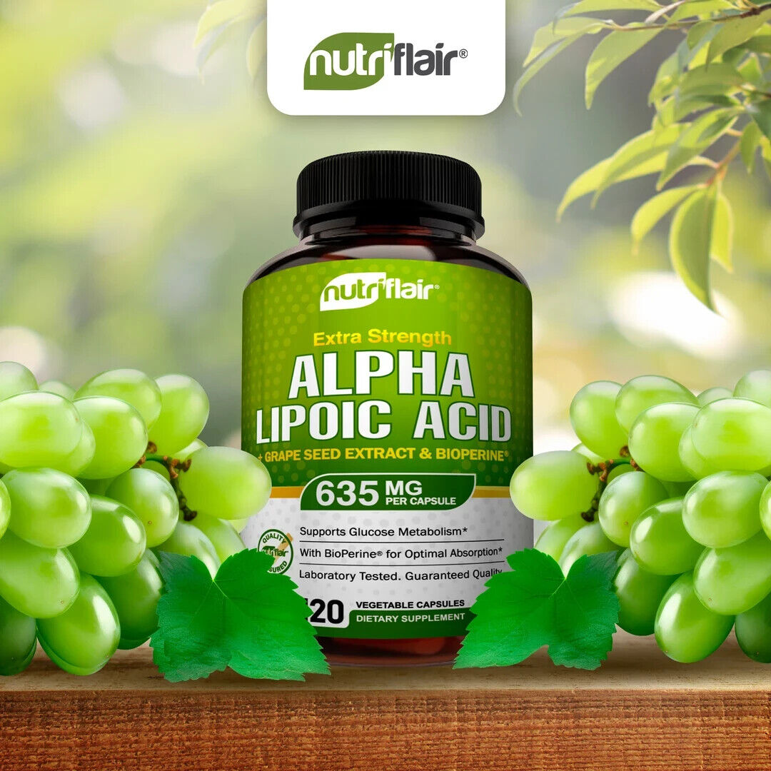 NUTRIFLAIR Alpha Lipoic Acid 635mg + Grape Seed Extract & Bioprene 120 Capsules