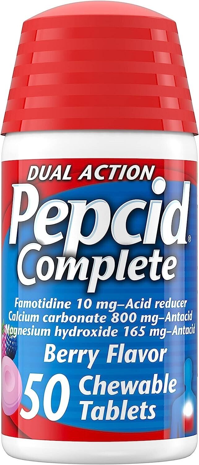 PEPCID Complete Famotidine 10mg Acid Reducer + Antacid 50 Chewable Tablets Berry