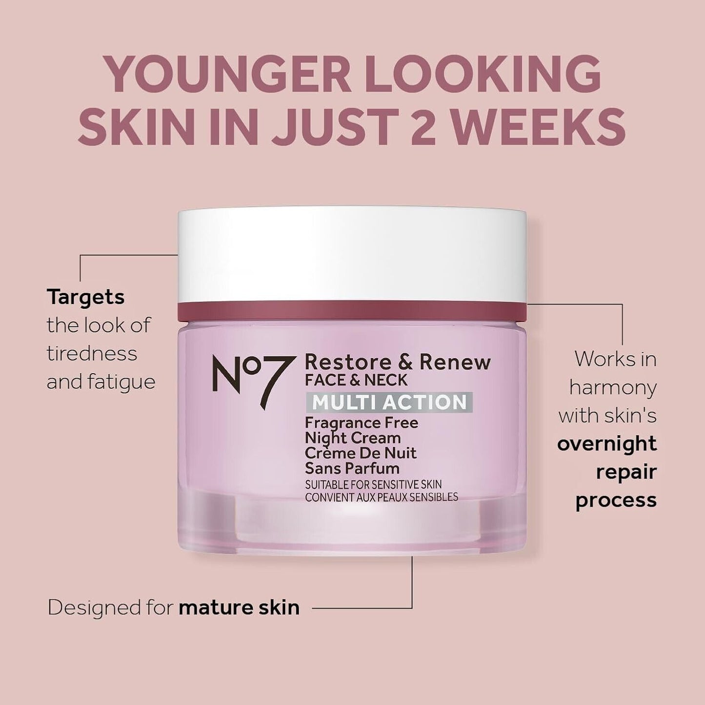 No7 RESTORE & RENEW Face & Neck Multi Action NIGHT CREAM FRAGRANCE FREE - 50mL