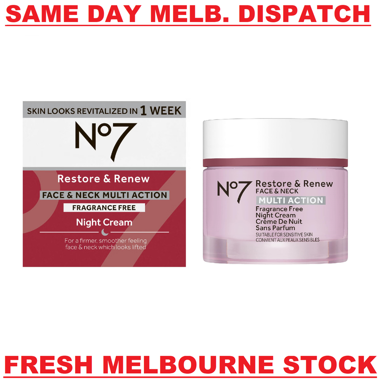 No7 RESTORE & RENEW Face & Neck Multi Action NIGHT CREAM FRAGRANCE FREE - 50mL