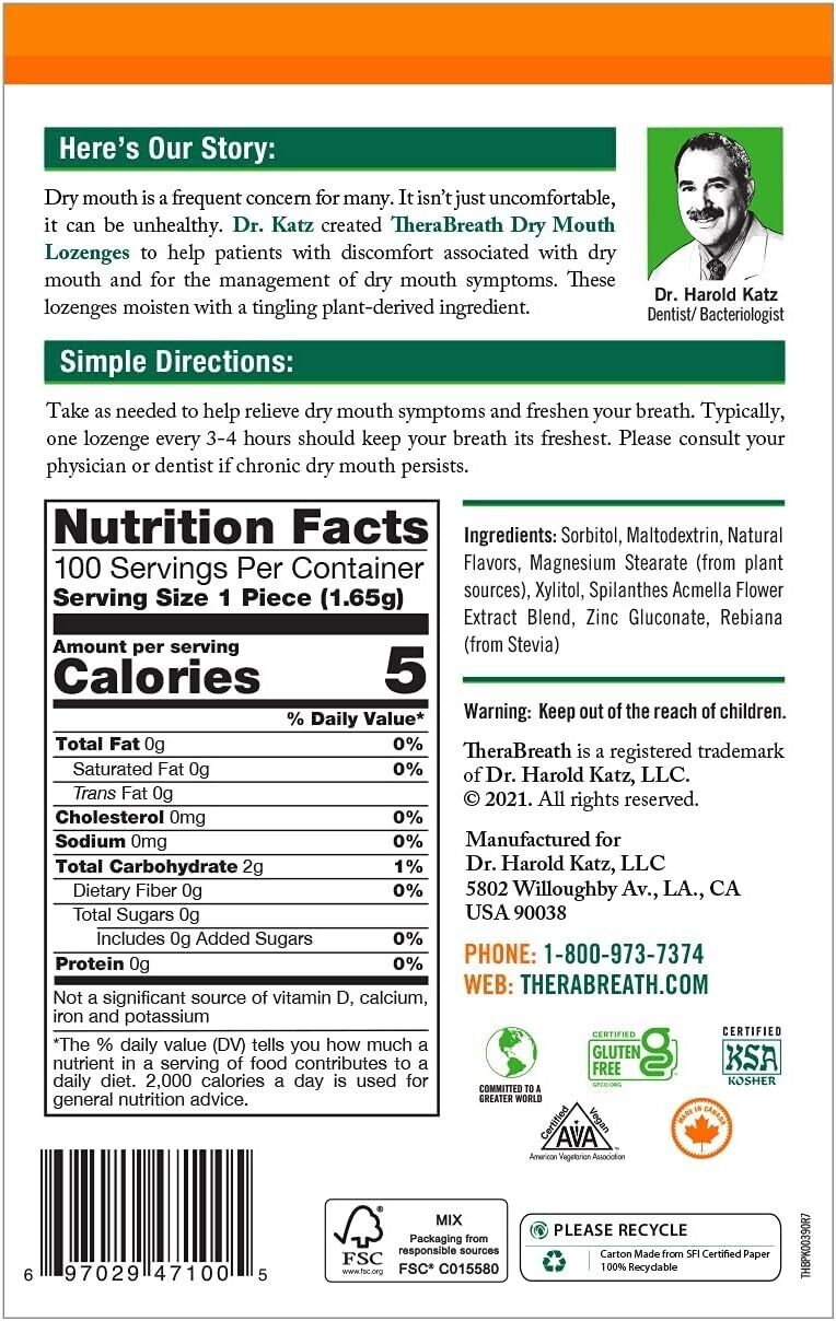 THERABREATH Dry Mouth Lozenges MANDARIN MINT / TART BERRY 100 Lozenge MELB STOCK