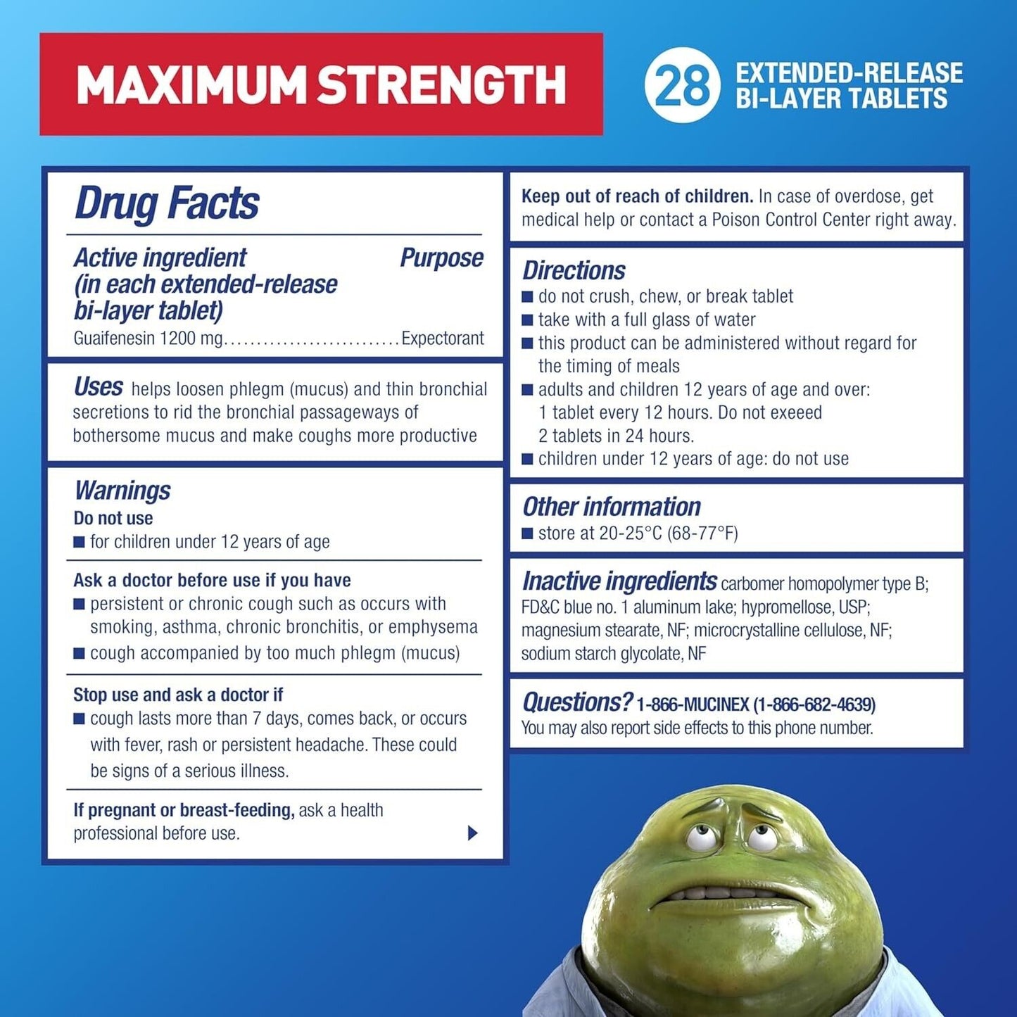 Mucinex Guaifenesin 1200mg Expectorant MAXIMUM STRENGTH Loosens Mucus 28 Tablets