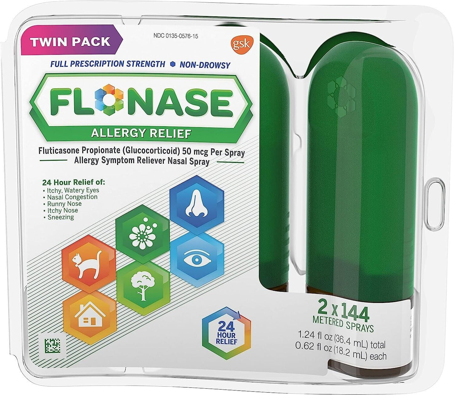 Flonase Allergy & Hayfever Nasal Spray 24HR Relief Non-Drowsy 2 x 144 Sprays 2PK