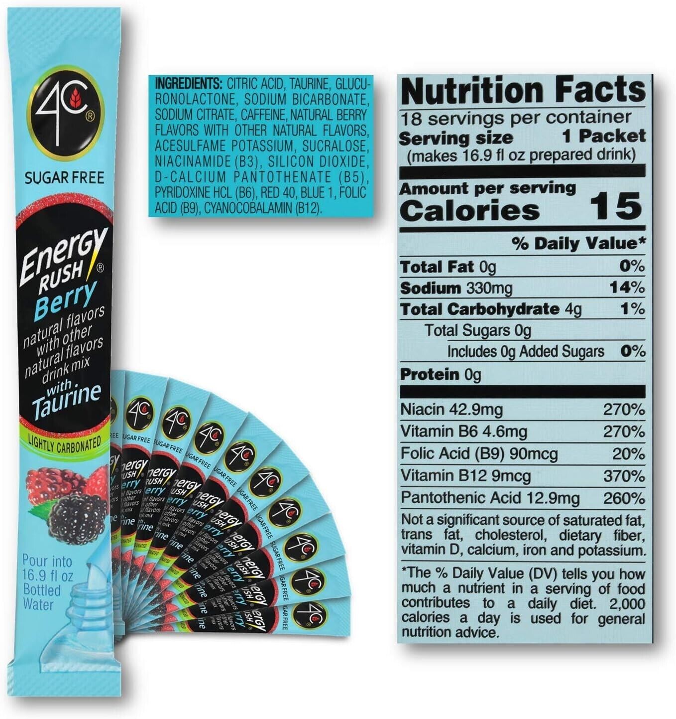 4C Energy Rush BERRY Drink Powder- Sugar Free- 18 Servings- 170mg Caffeine