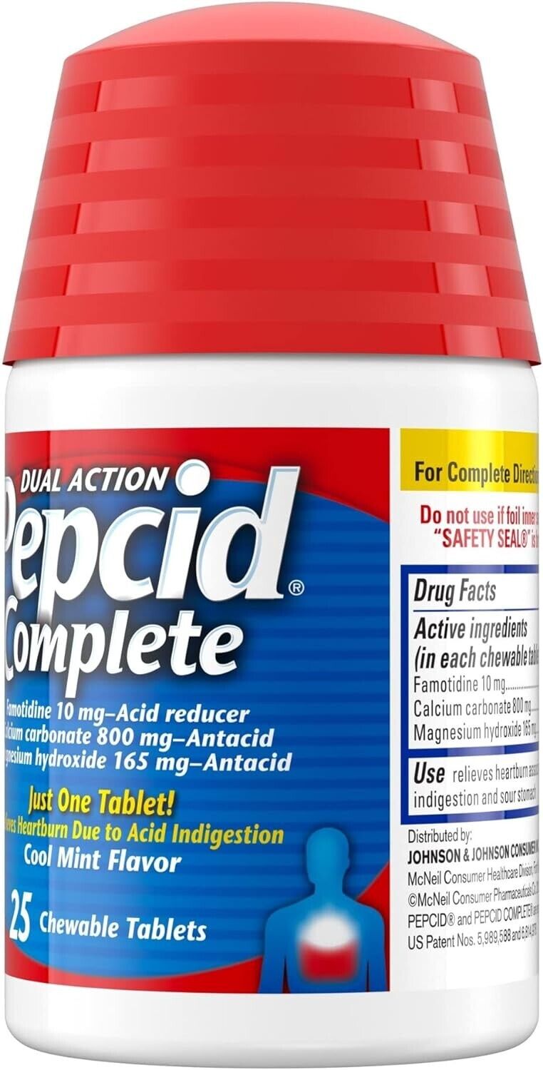 PEPCID Complete Famotidine 10mg Acid Reducer + Antacid 25 Chewable Tablets Mint