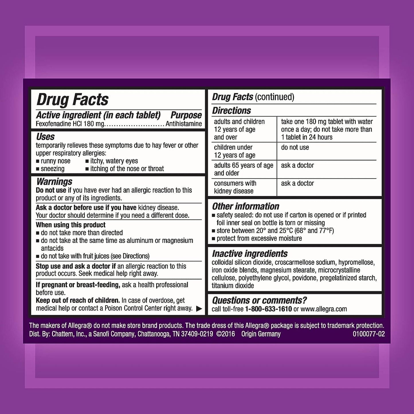 ALLEGRA ALLERGY FEXOFENADINE 180MG (SAME AS TELFAST 180MG) 70 TABLETS EXP. 01/25