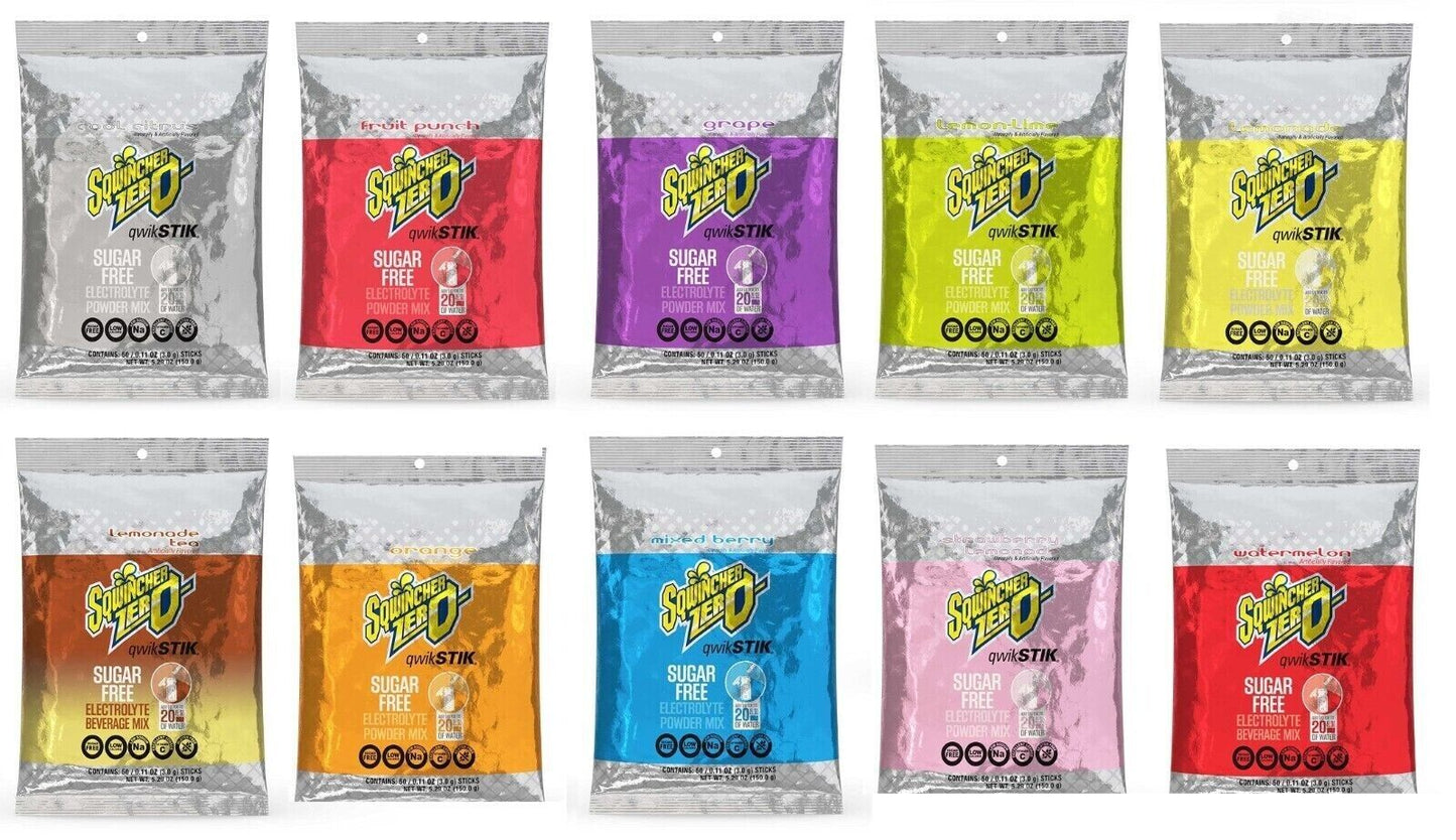 Sqwincher Zero Qwik Stik Electrolyte Drink- Sugar Free- 50 Servings -10 Flavours