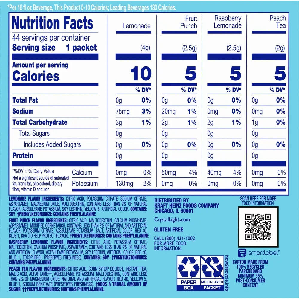 Crystal Light SUGAR FREE REFRESHING Drink Powder - Fruit Flavours - 44 Servings