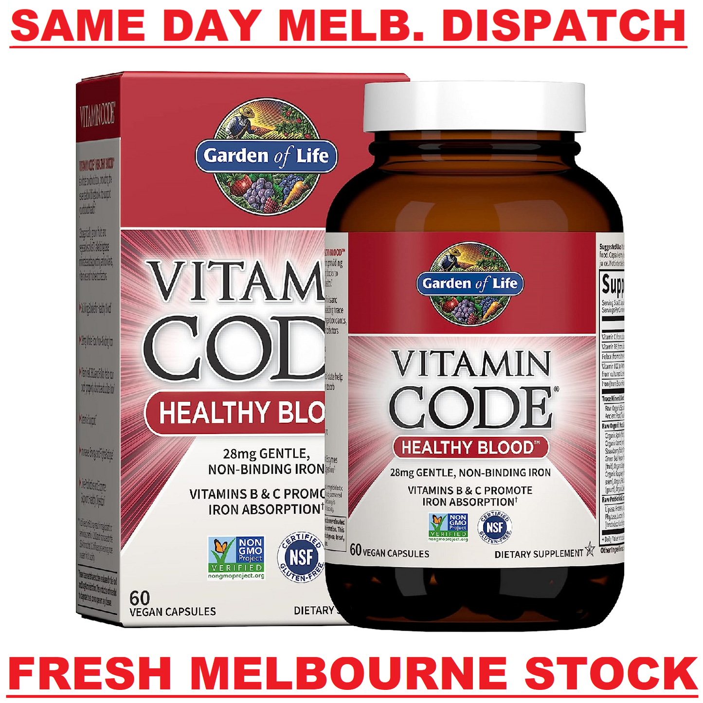 GARDEN OF LIFE Vitamin Code Healthy Blood IRON 28mg INCREASED ABSORPTION 60 Caps