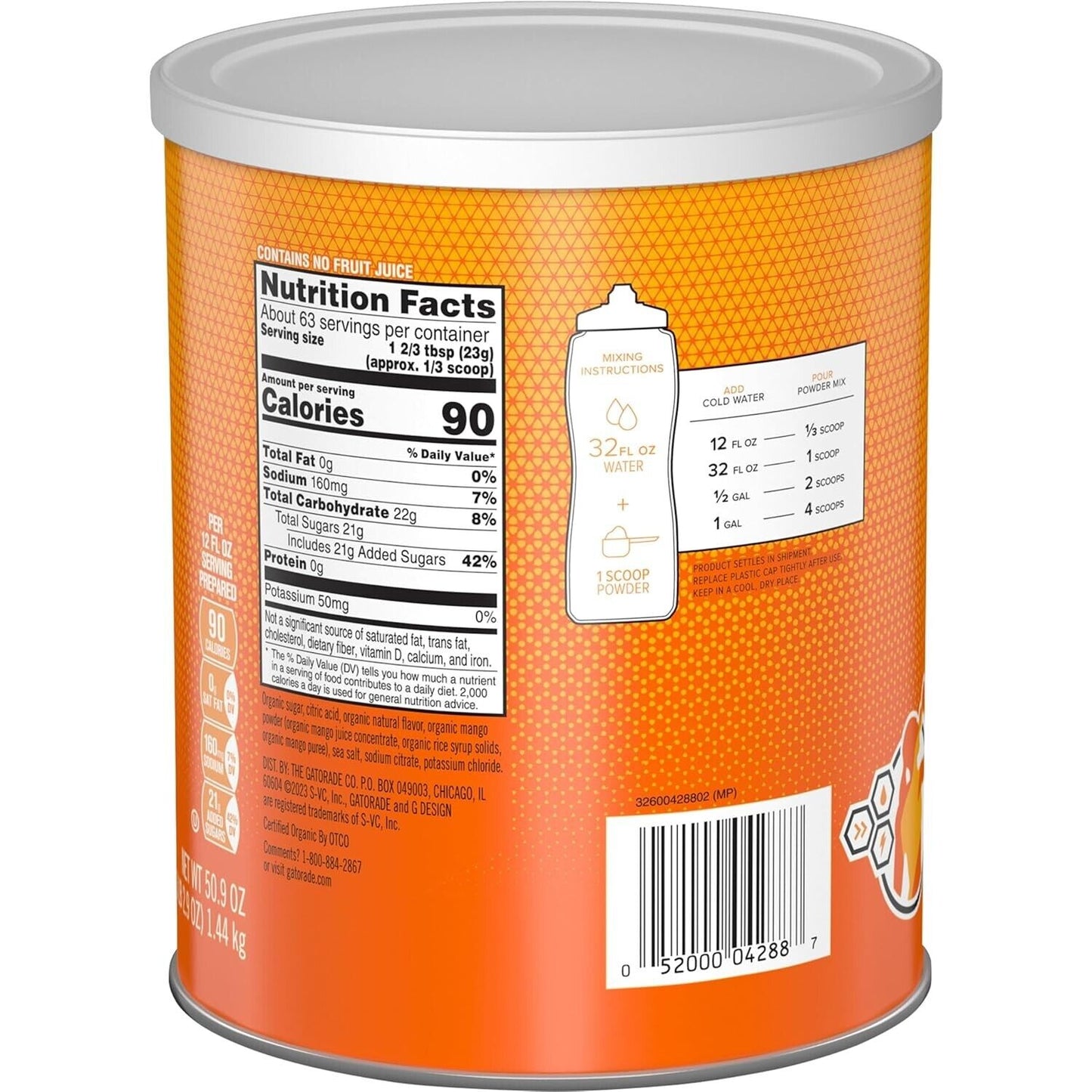 Gatorade ORGANIC Electrolyte Sports Drink Powder MANGO - 63 Serves - 1.44kg