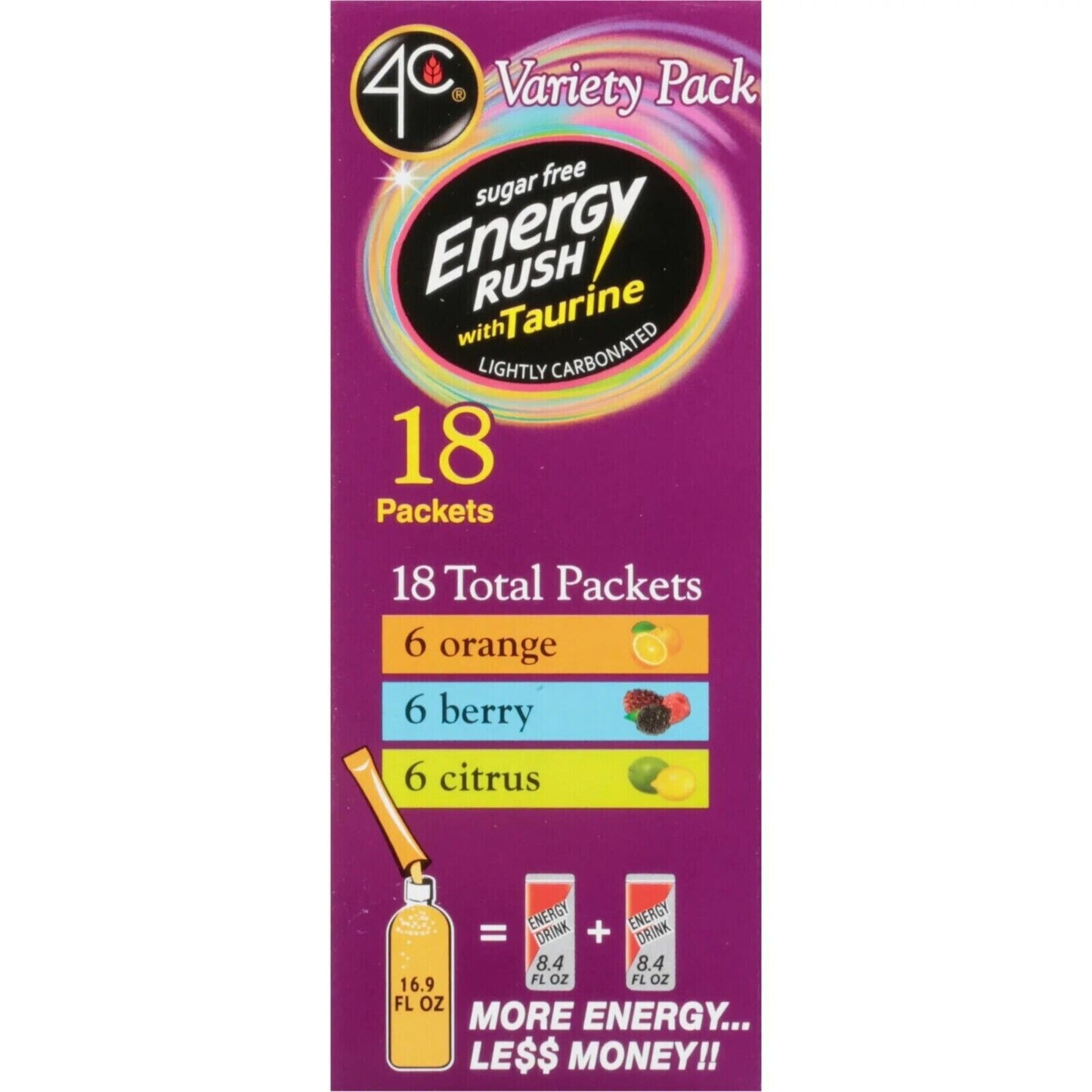 4C Energy Rush Carbonated Drink Powder- Sugar Free- 18 Servings- 170mg Caffeine