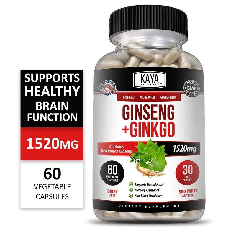 GINKGO BILOBA + KOREAN RED PANAX GINSENG 1520mg Energy Performance Focus 60 Caps