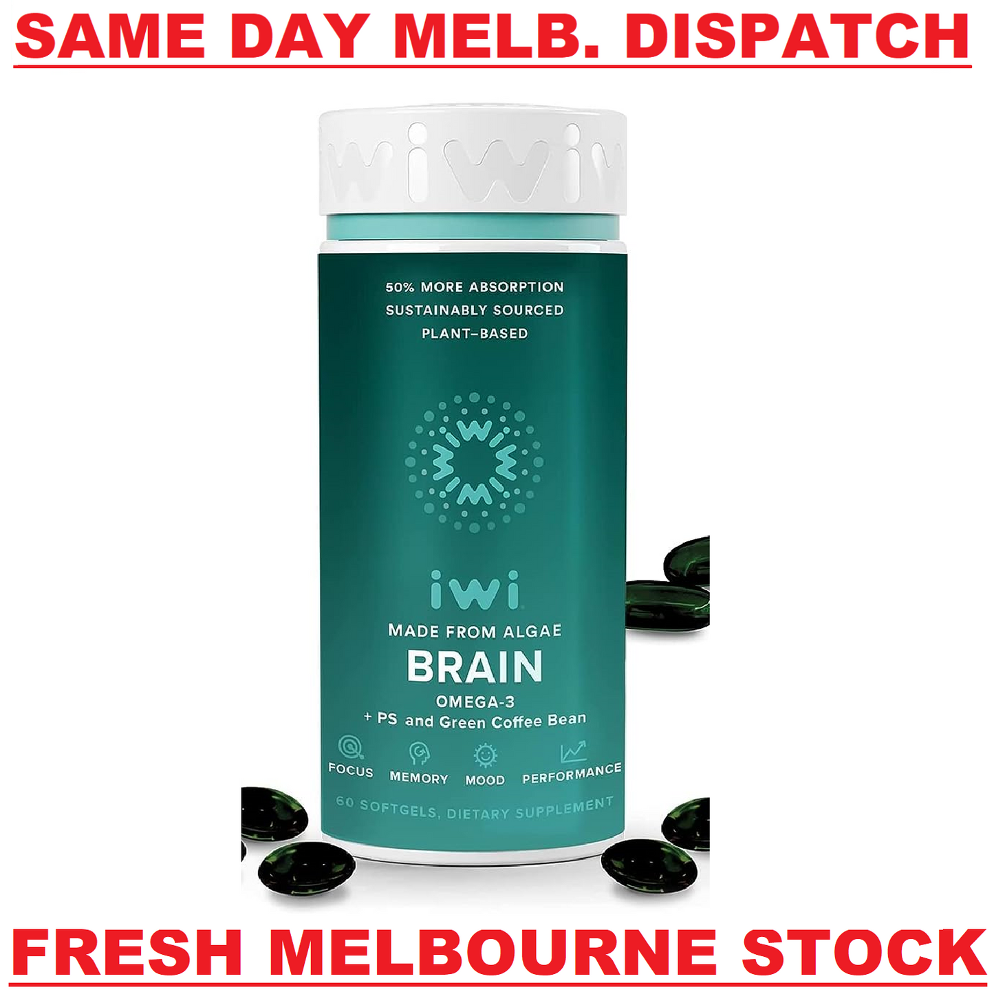 iwi Life BRAIN Algae Plant Omega-3 EPA & DHA for Memory and Focus - 60 Softgels