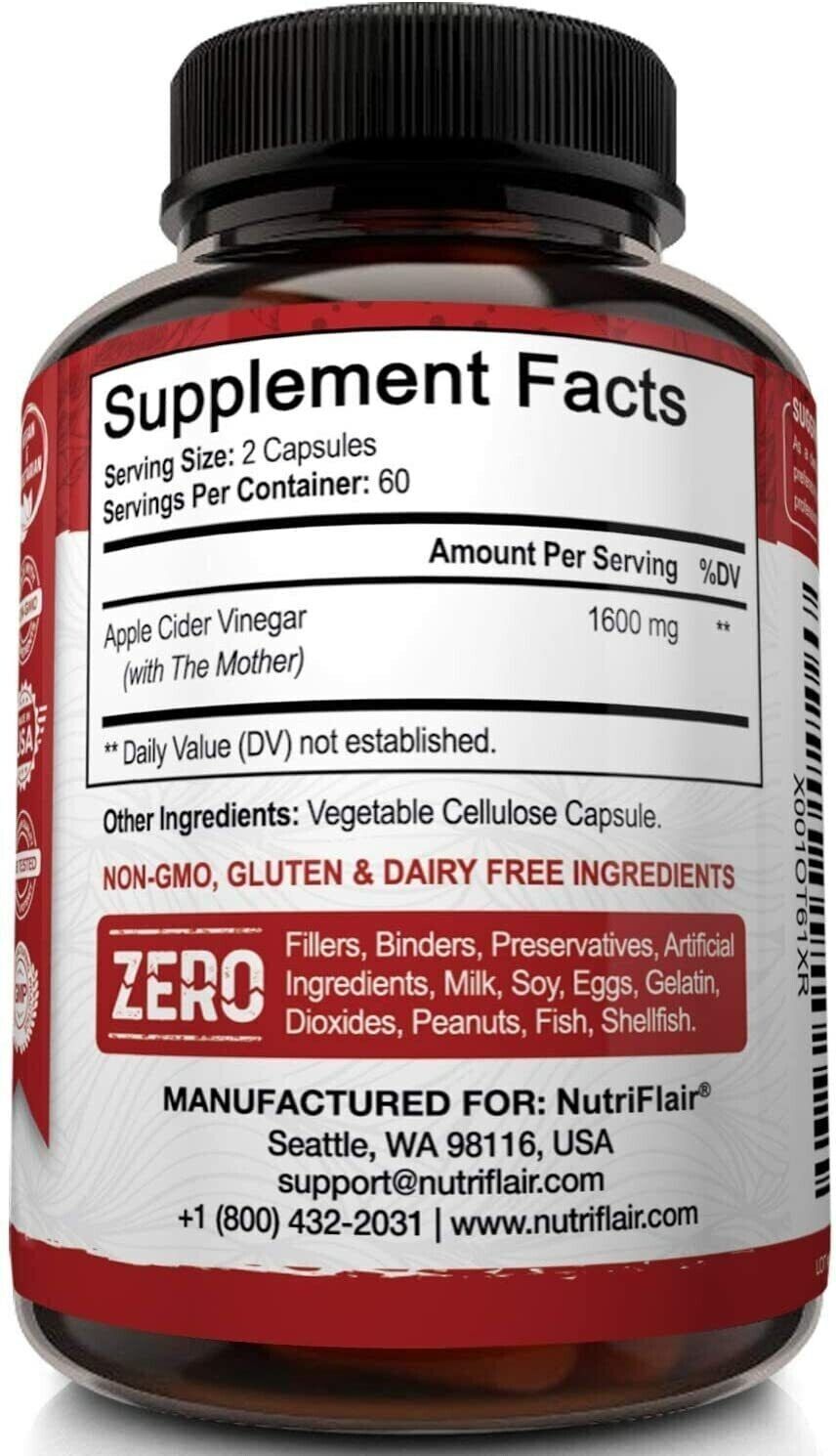 Apple Cider Vinegar Capsules with Mother 1600mg 120 Caps Weight Loss Supplement