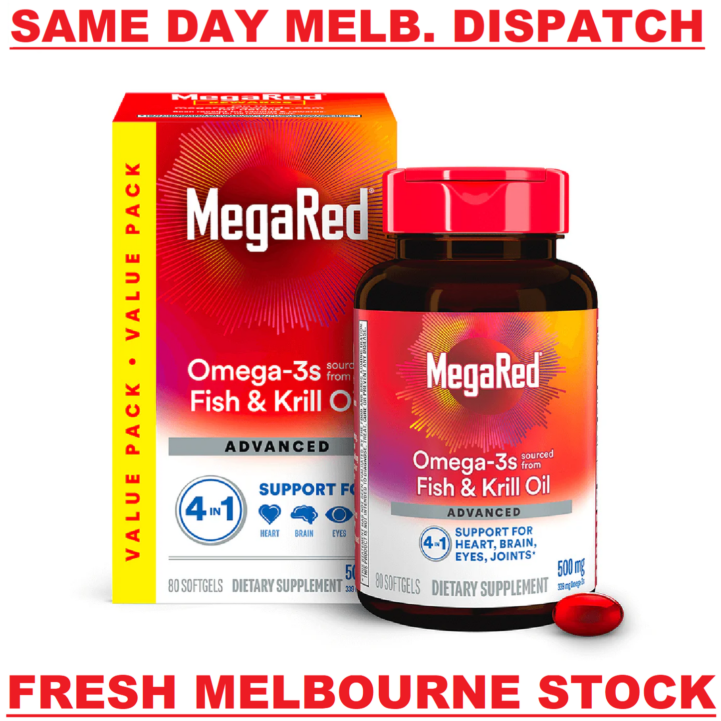 MegaRed ADVANCED Fish & Krill Oil 500mg Omega-3s Heart, Eye & Brain Support 80ct