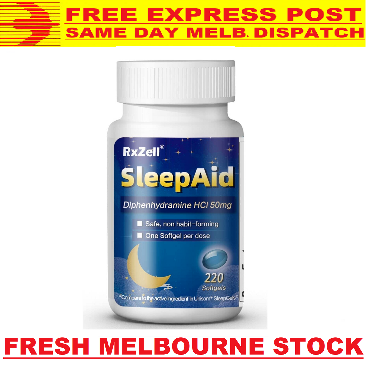 RxZell Sleep Aid 50mg 220 Softgels - FRESH MELB STOCK - FREE EXPRESS POST