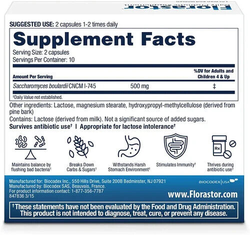 Florastor Daily Probiotic Supplement Digestive Health for Men & Women - 20 Caps