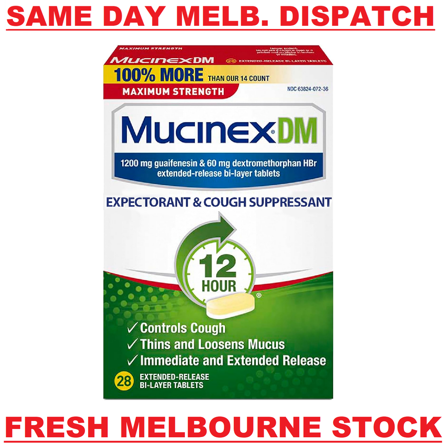 Mucinex DM Guaifenesin 1200mg MAX STRENGTH Expectorant Cough Suppressant 28 Tabs