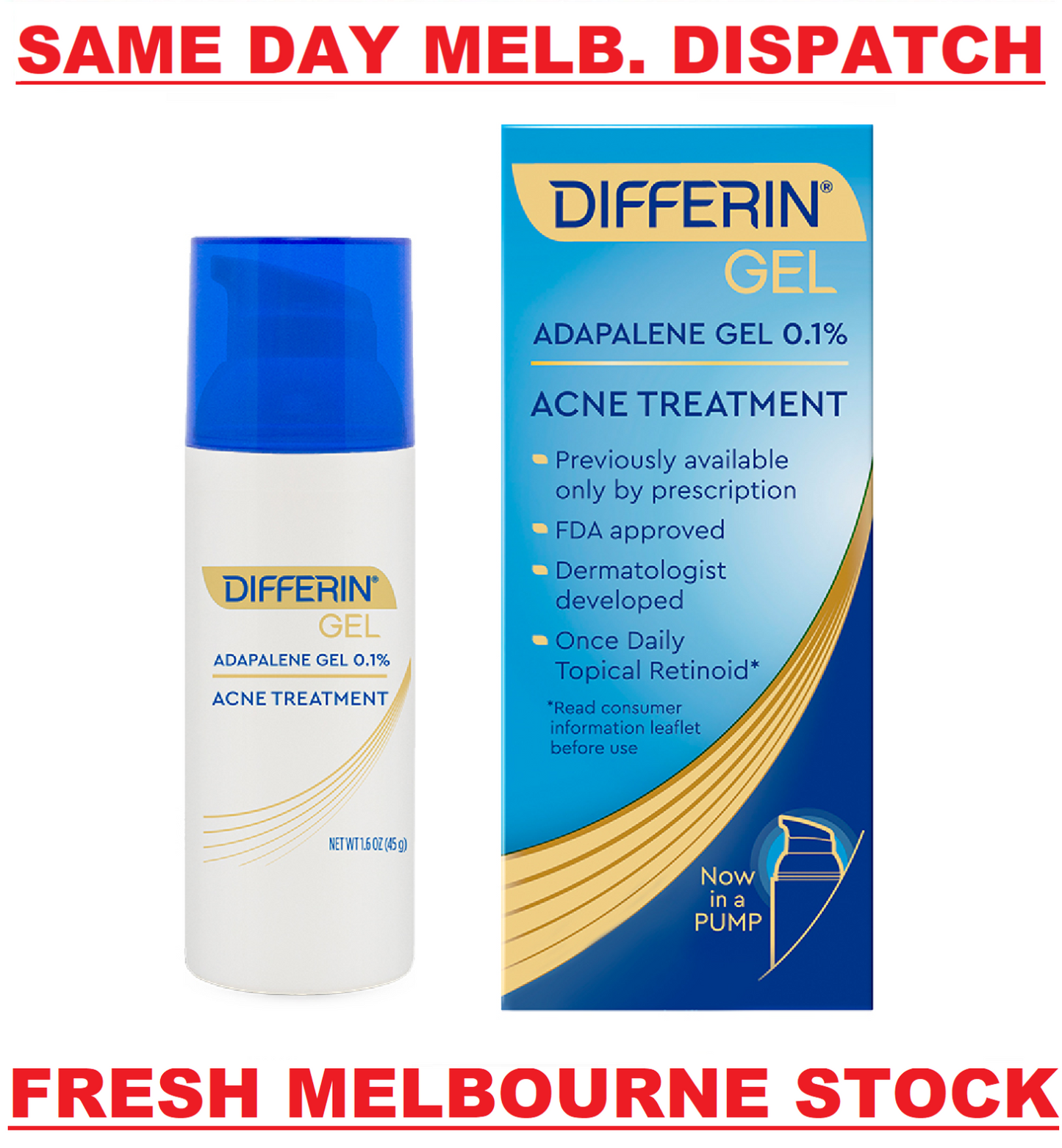 Differin 0.1% Adapalene Gel Maximum Strength Acne Treatment 45g | Pump Bottle