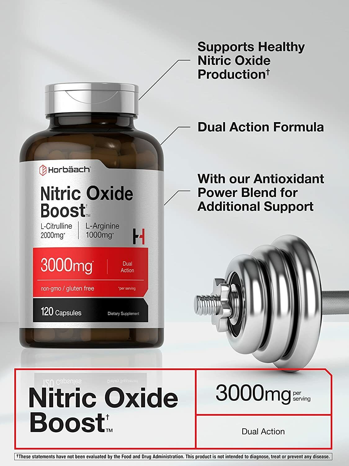 Nitric Oxide NO2 Booster 3000mg 120 Caps PRE-WORKOUT MUSCLE PUMP GROWTH Horbaach