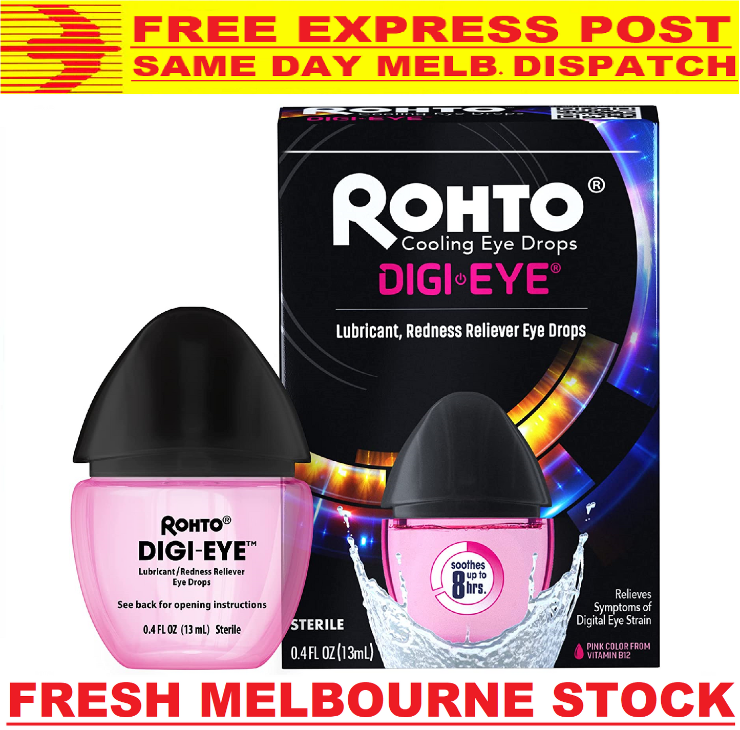 ROHTO COOLING LUBRICANT EYE DROPS - DIGI EYE REDNESS RELIEF 13mL - FREE EXPRESS