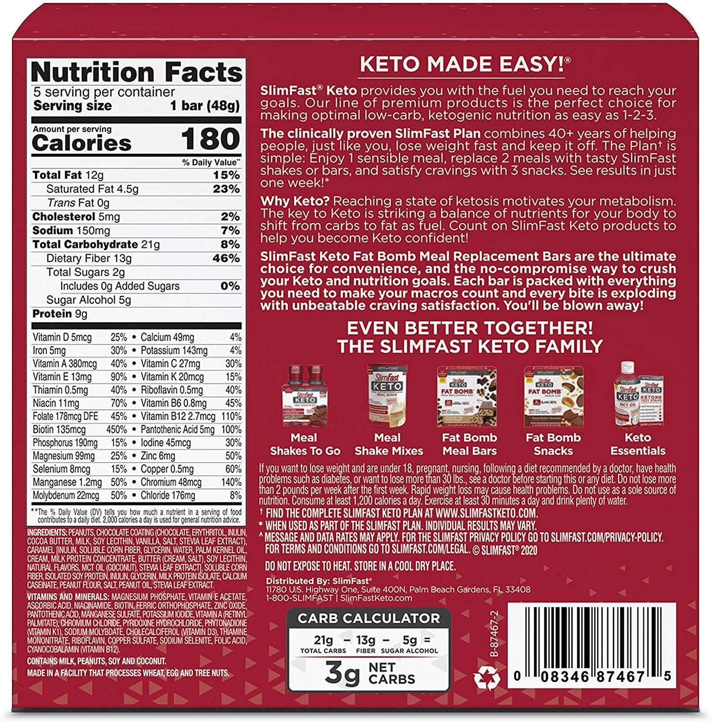 SlimFast Keto Fat Bomb Meal Replacement Bar - 5 x 48g Nutty Caramel & Nougat