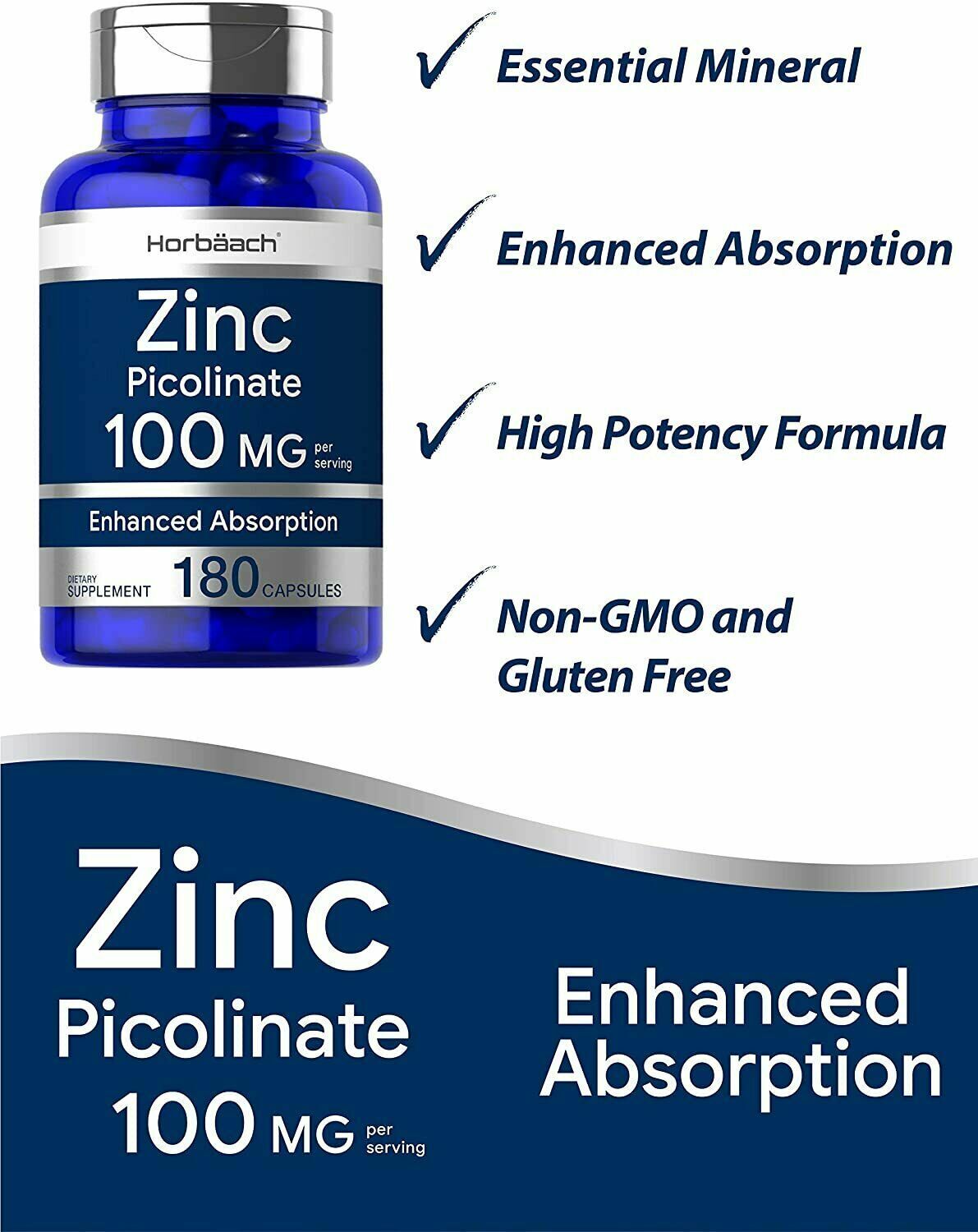 Horbaach Zinc Picolinate 100mg 180 Caps ENHANCED ABSORPTION - FREE EXPRESS POST!