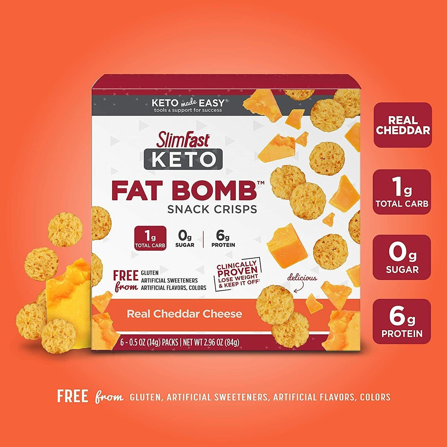 SlimFast Keto Fat Bomb Snack Crisps Chips - 6 Packs x 14g Real Cheddar Cheese