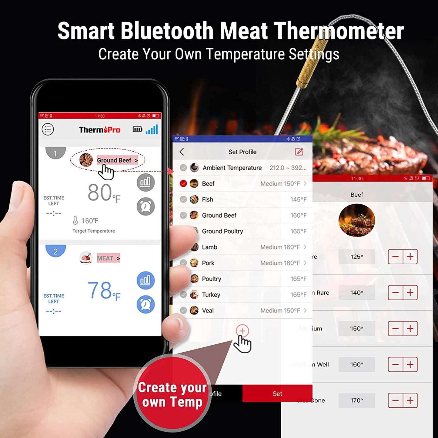 ThermoPro TP25 150m BBQ Bluetooth Wireless Remote Meat Thermometer with 4 Probes