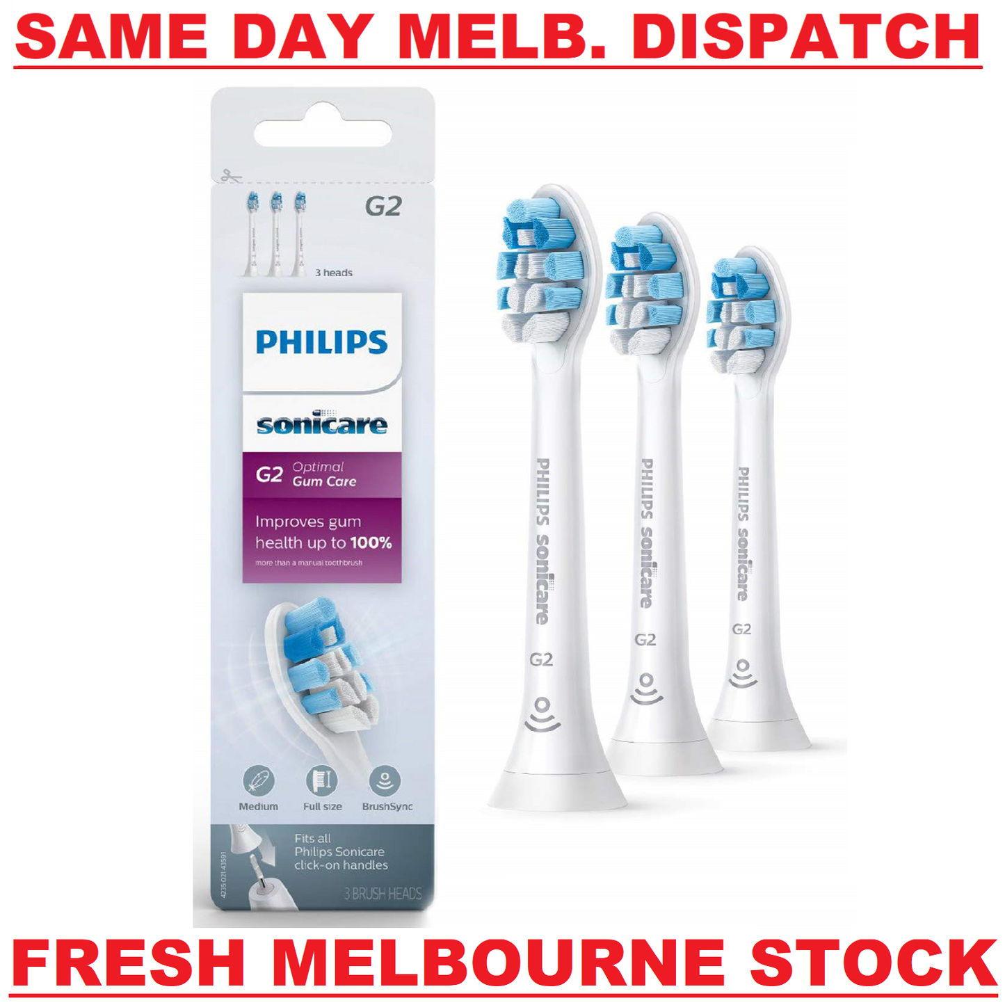 GENUINE Philips SONICARE G2 HX9033/65 Replacement Toothbrush Head WHITE - 3 PACK