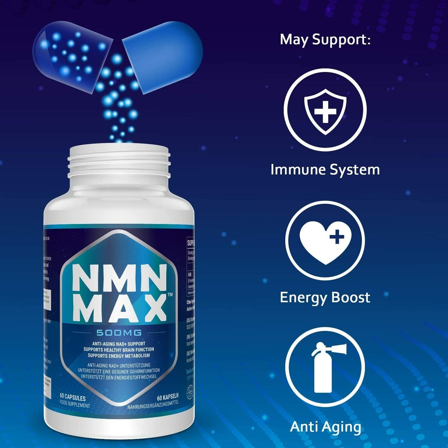 NMN Max 500mg x 60 Caps DOUBLE STRENGTH NAD+ BOOST ANTI-AGING FREE EXPRESS POST!