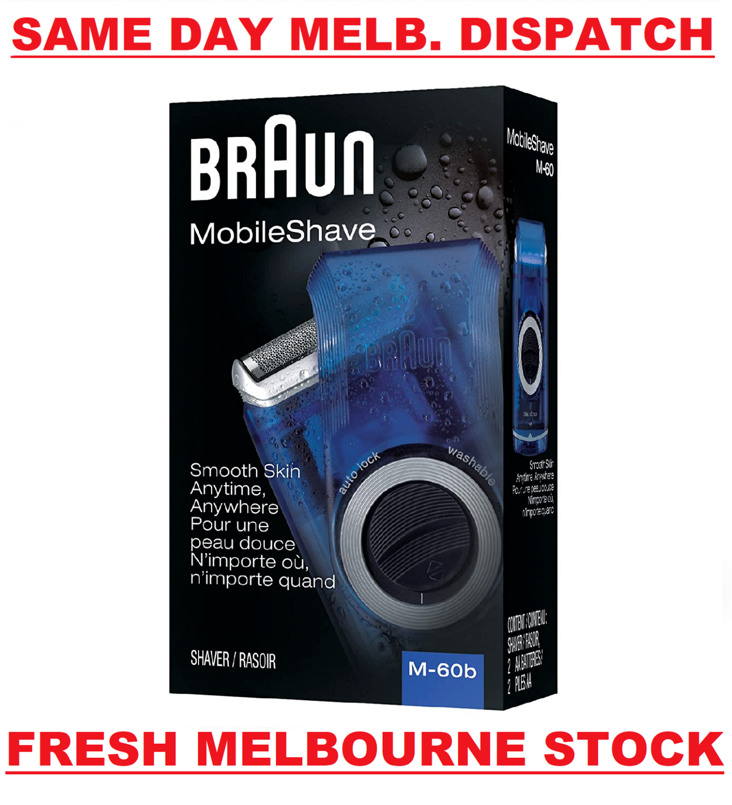 Braun Mens Mobile Shaver M-60b Portable Washable Travel Trimmer Battery Operated