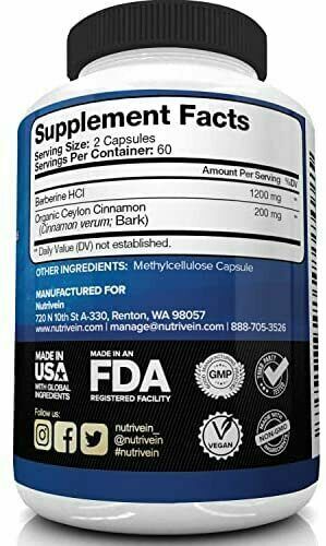 NUTRIVEIN PREMIUM BERBERINE HCL 1200mg 120 Capsules w/ ORGANIC Ceylon Cinnamon!