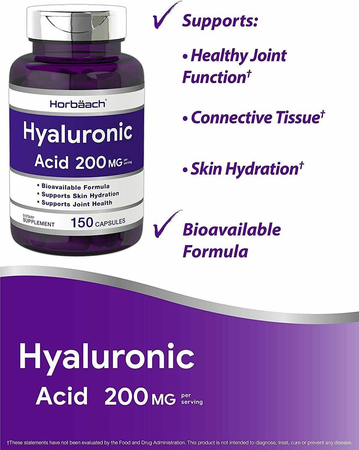 Horbaach Hyaluronic Acid 200mg 150 Cap DOUBLE STRENGTH ANTI-AGING - FREE EXPRESS