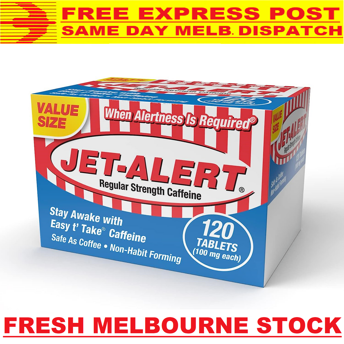 JET ALERT Caffeine Tablets 100mg VALUE SIZE 120 Tabs STAY AWAKE - FREE EXPRESS
