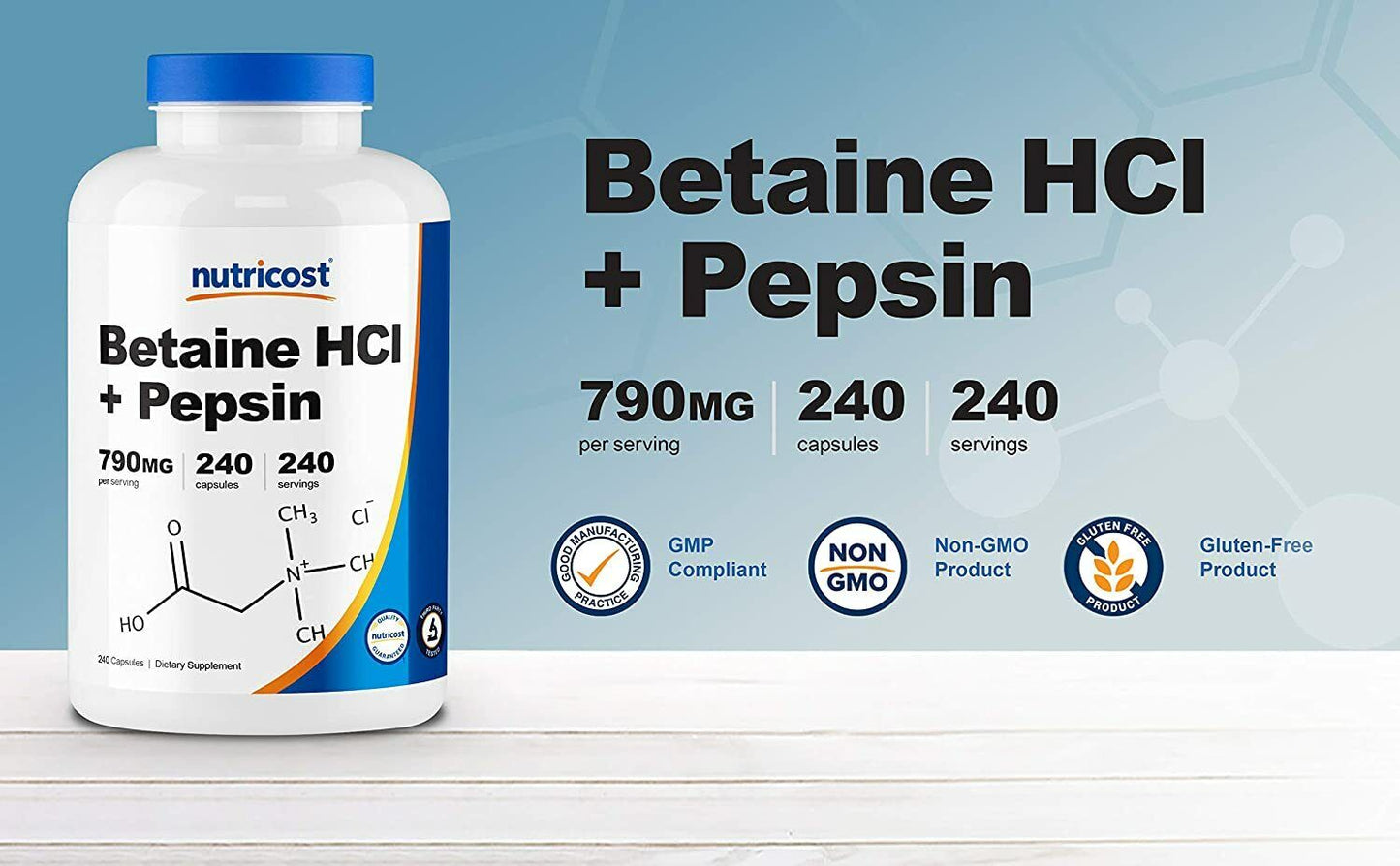Nutricost Betaine HCL + Pepsin EXTRA STRENGTH 790mg 240 Caps - FREE EXPRESS POST
