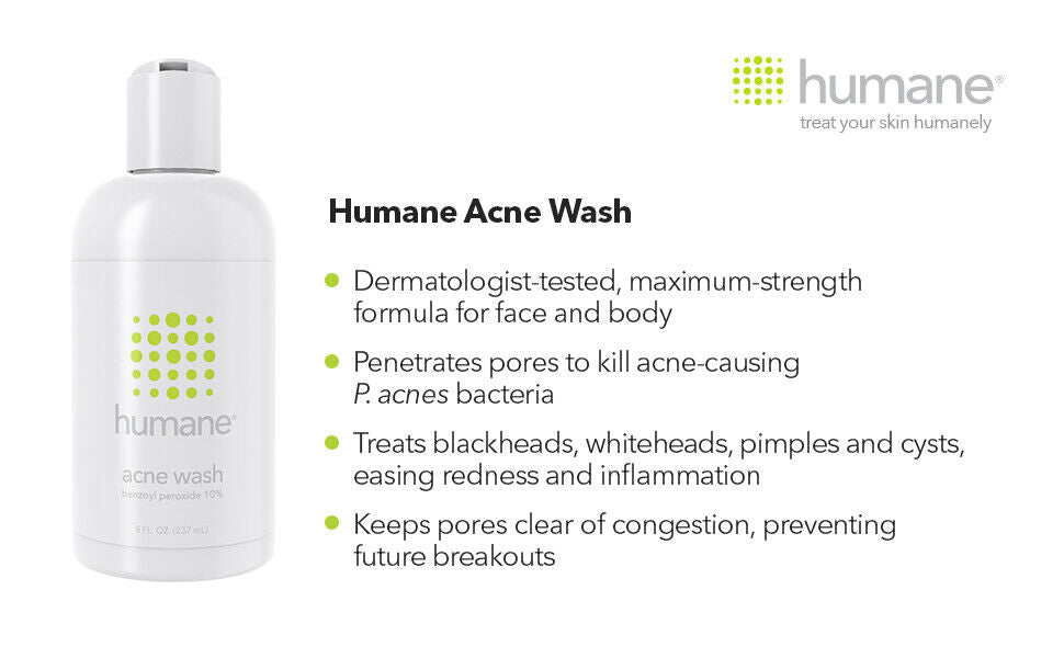 Humane Face & Body Acne Wash Benzoyl Peroxide 10% Skin Care Vegan - 237ml - NEW