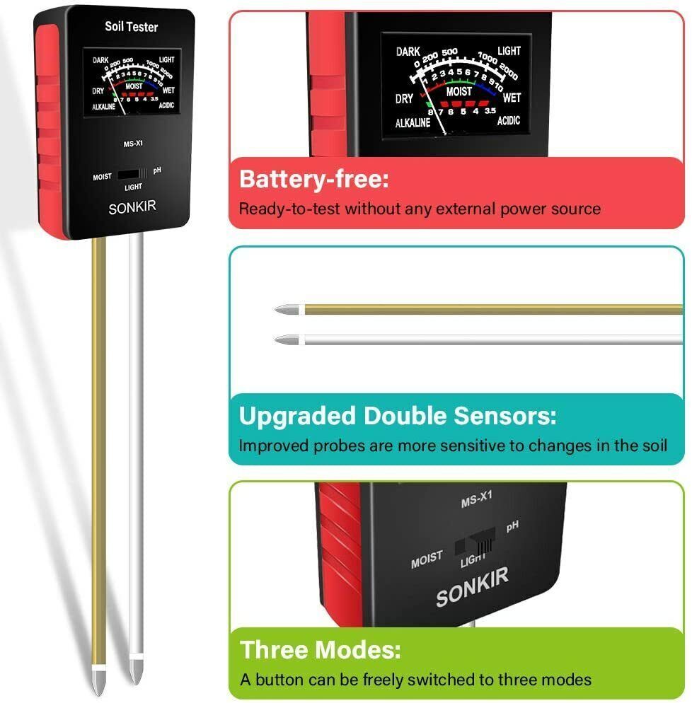 Sonkir Soil pH Meter, MS-X1 Upgraded 3-in-1 Soil Moisture/Light/pH Tester Garden